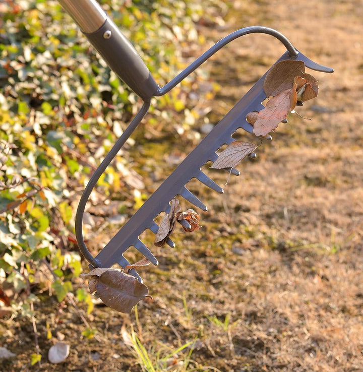 Laubrechen mit 14 Zähnen, Gartenharke aus Metall, Breite Harke mit 152 cm langem Metallstiel, Garten