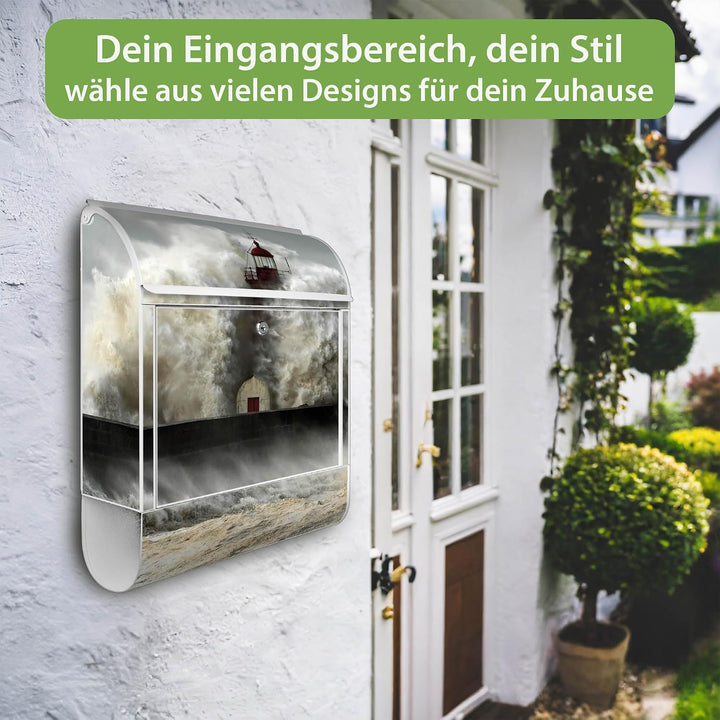banjado Design Briefkasten 38,5x46,5x13cm & 2 Schlüssel - Briefkasten Stahl Weiss mit Zeitungsfach p