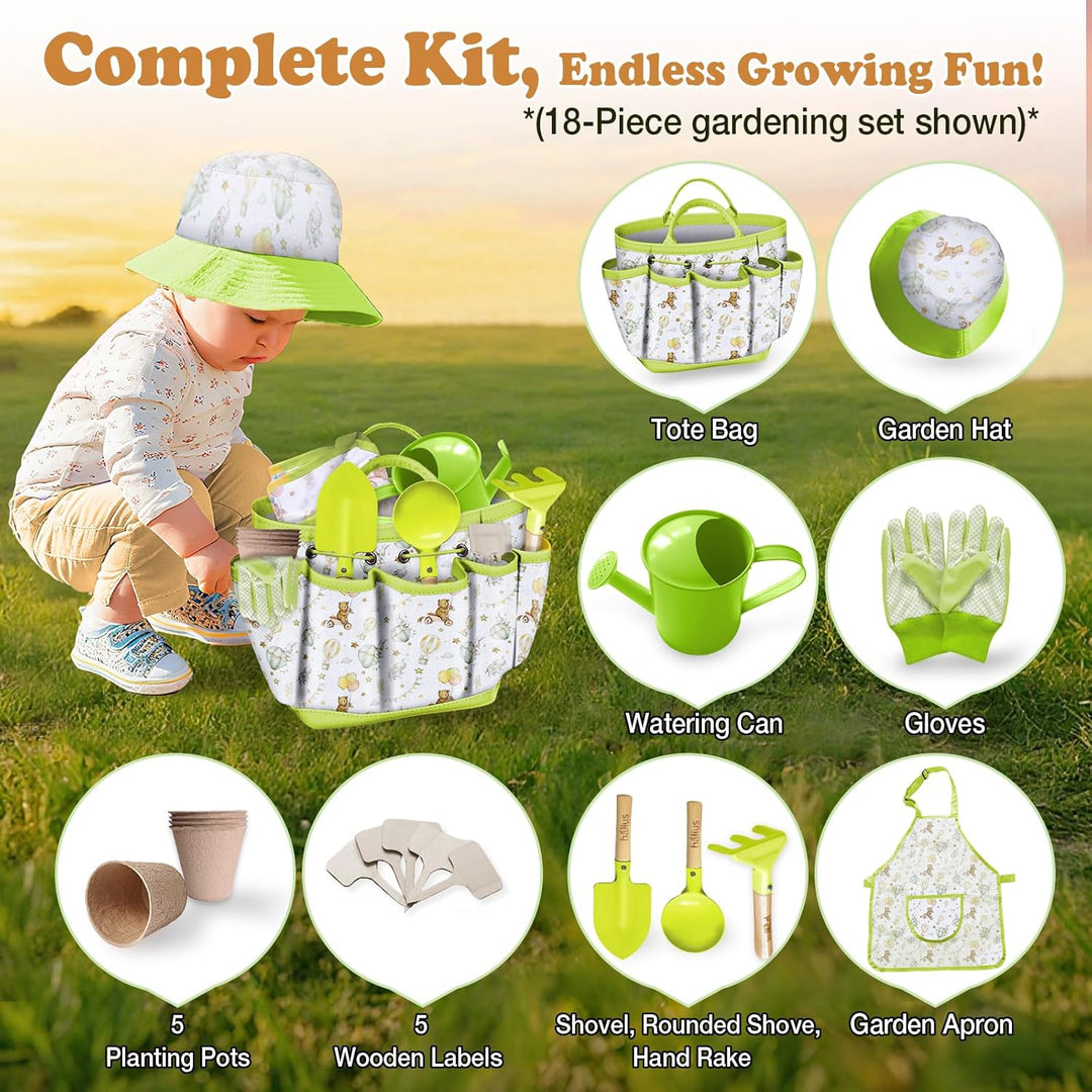 Kinder Gartengeräte Set 18-teilig - Gartenwerkzeug für Kinder inkl. Tragetasche, Giesskanne, Schürze