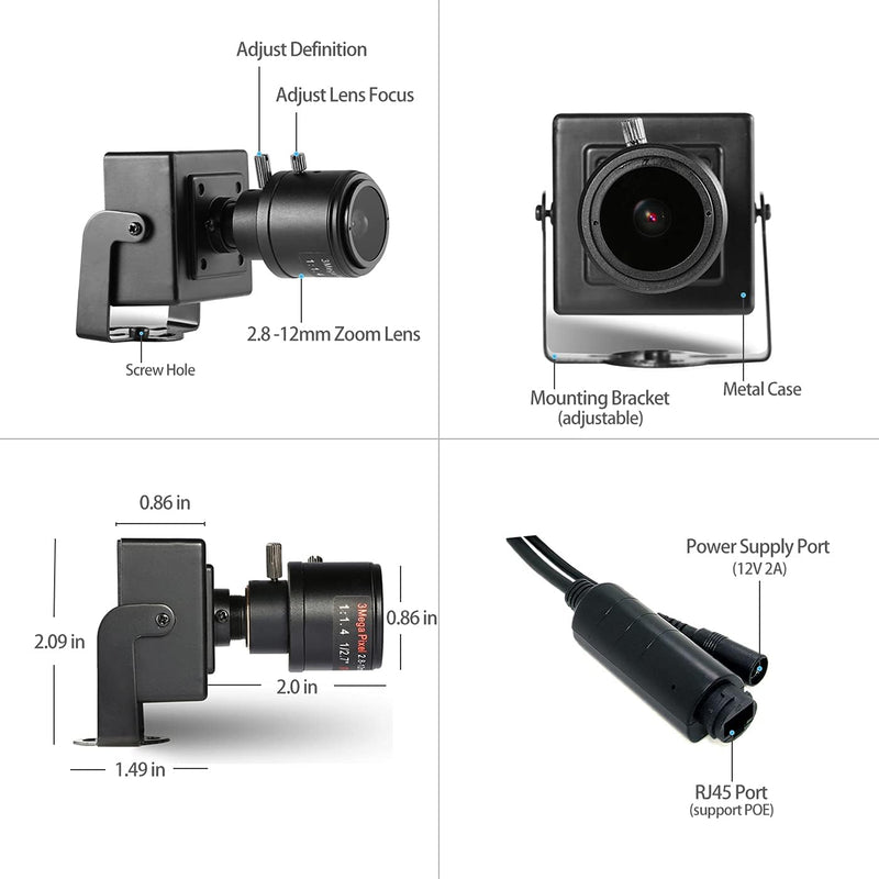 Revotech Mini 3MP POE IP Kamera, 2,8-12 mm Handbuch Zoomfunktion, Angetrieben von Poe, CCTV Home Sec