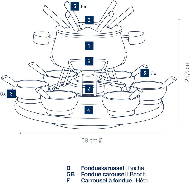 Kela 61201 Drehbares Fonduekarussell-Set, Fleischfondue, 23-teilig, Für 6 Personen, 2,0 l, Natura