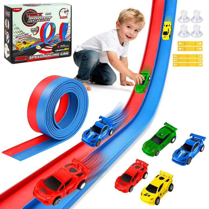6M Autorennbahn Rennbahn für Kinder 3 4 5 6 Jahre, Flexible Rennstrecke Auto Spielzeug mit 4 Zurückz