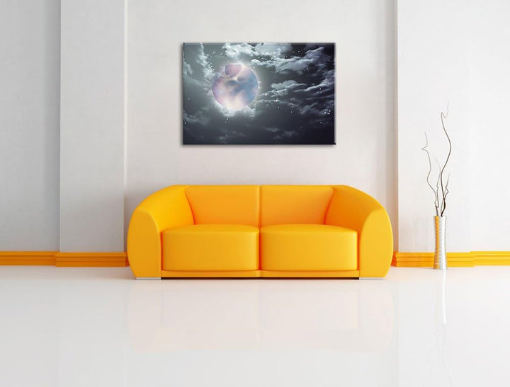 Vollmond unter Sternen und Wolken schwarz/weiss Format: 100x70 auf Leinwand, XXL riesige Bilder fert