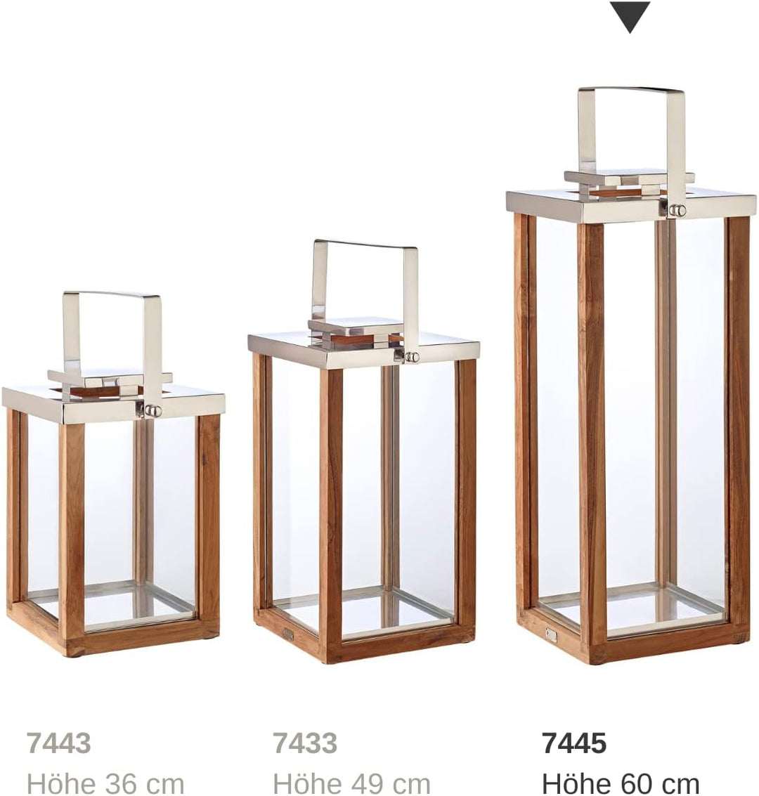 EDZARD Laterne Miami, aus Holz und Edelstahl, Höhe 60 cm, Windlicht mit Henkel