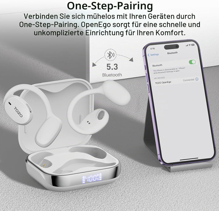TOZO OpenEgo Open Ear Kopfhörer mit Ohrbügel Bluetooth Sport 80 Std. IPX5 | 16,2-mm Treiber für klar