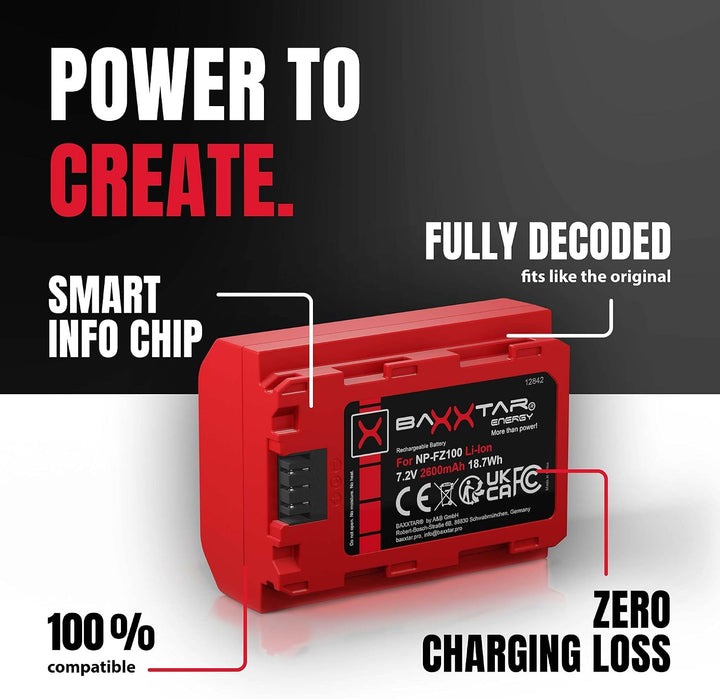 Baxxtar Pro NP-FZ100 2400mAh Kamera-Akku/Generation IV/Laden mit Mini LCD DUAL Gerät - Eingang USB-C