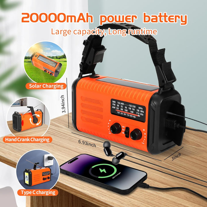 Notfallradio, Crank Wetterradio, 20000mAh Solarradio, Hand Kurbelradio mit AM/FM, tragbares Radio mi
