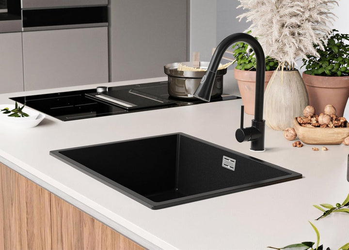 PRIMAGRAN Granitspüle Schwarz 56x47cm, Spülbecken 1 Becken + Ablauf-Set + Küchenarmatur 40x13cm + Sc