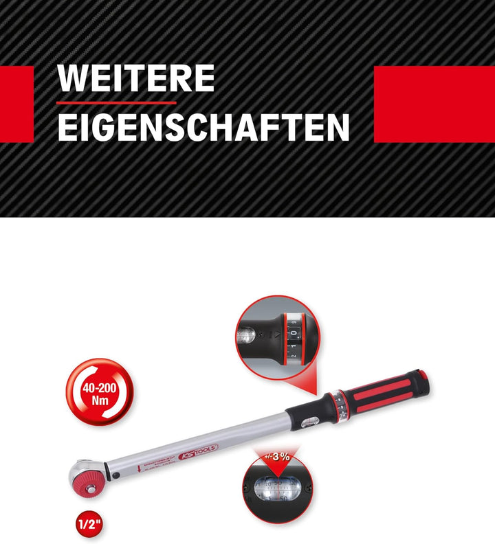 KS Tools 516.6042 1/2" ERGOTORQUEprecision Drehmomentschlüssel 40-200 Nm mit Quick-Lock Drehknopf-Um