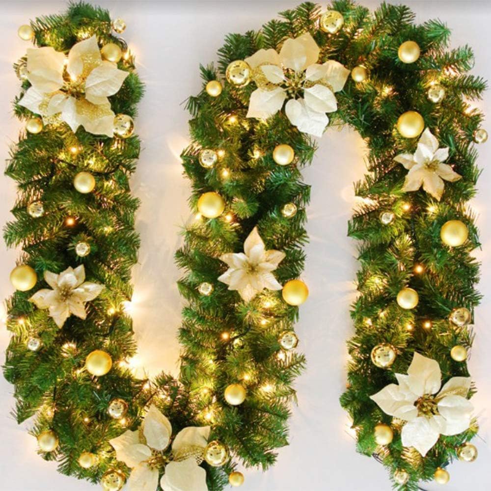 SHAVINGFUN Weihnachtsgirlande,2.7M/9Ft Weihnachtsgirlande mit Beleuchtung,Vorbeleuchteter Künstliche