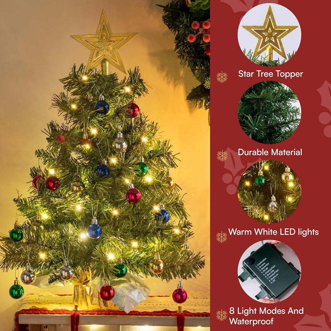 JOIEDOMI Kleiner Weihnachtsbaum mit Lichtern, 61 cm, Tisch-Weihnachtsbaum mit Sternen-Baumspitze und