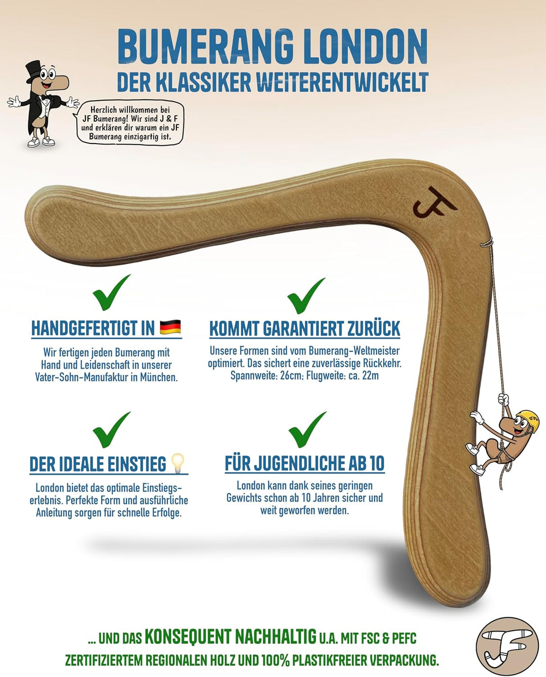 ANFÄNGERSET - Handgemacht - Boomerang MÜNCHEN, LONDON & Beutel - Nachhaltig - Einzigartiges Geschenk