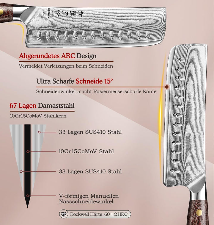 HEZHEN Damast Nakiri Messer mit Holzmesserscheide, Japanischer Stil Hackbeil Messer, Hartstahl Mehrz
