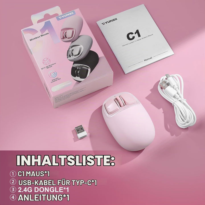 YUNZII C1 Silikon-Funkmaus,Tri-Mode 2,4 GHz/USB-C/Bluetooth Maus, 4800 DPI Optisches Abtastung, 6 Ve