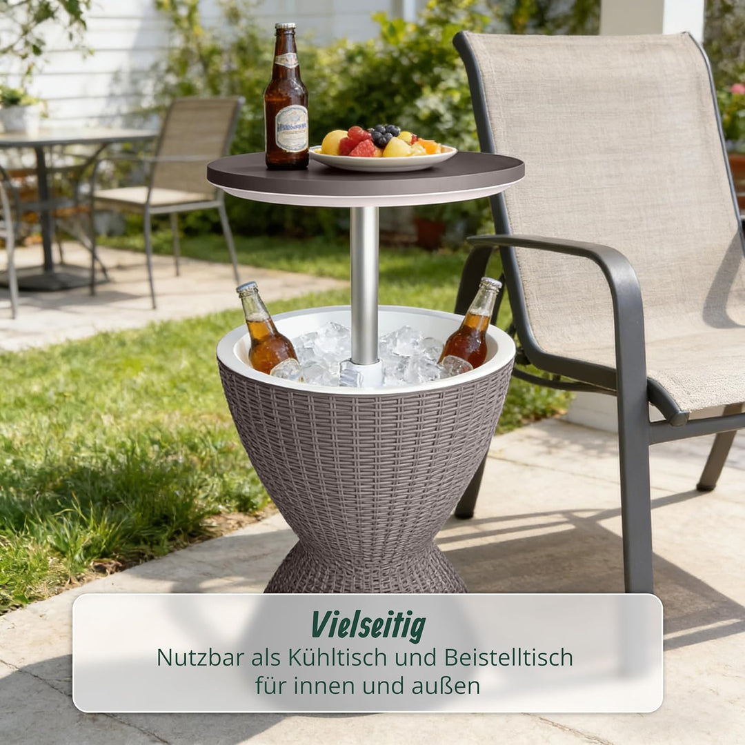 Relaxdays Beistelltisch mit Kühlfunktion, 30 L, Cool Bar, HxØ: 57x48,5 cm, höhenverstellbar, Rattan,