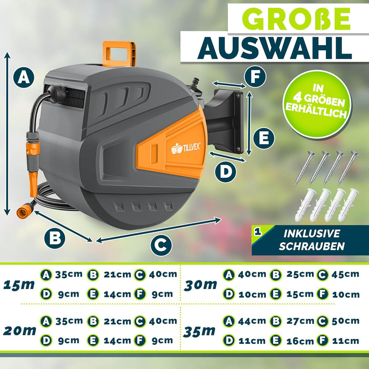 tillvex Schlauchtrommel Wasser mit Wandhalterung + Tragegriff | Schlauchaufroller mit Handbrause und
