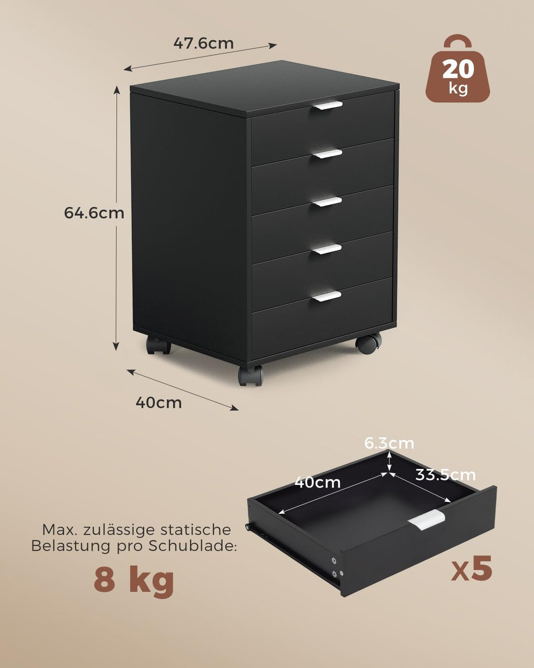 ELUCHANG Schubladenschrank, Rollcontainer, Mobiler Aktenschrank mit 5 Schubladen, Unter Schreibtisch