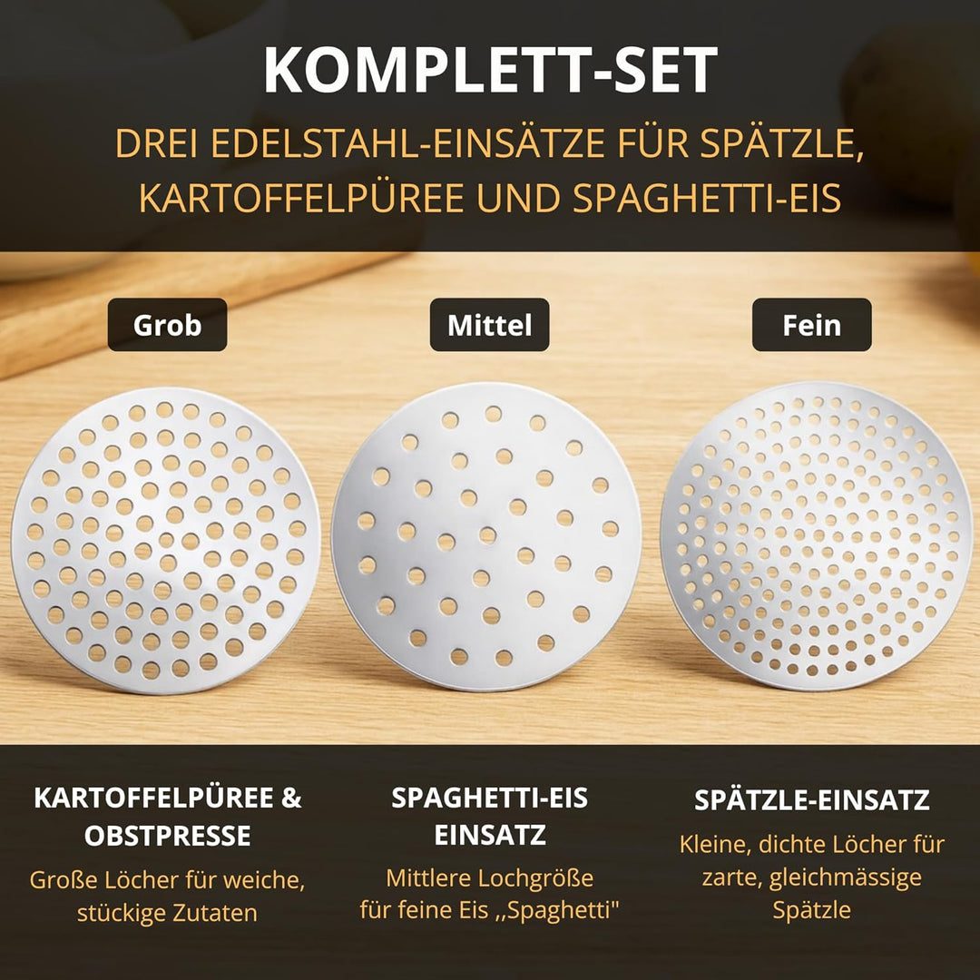Spätzlepresse & Kartoffelpresse aus Kunststoff – 3 Edelstahl-Einsätze für Spätzle, Spaghetti-Eis, Ka