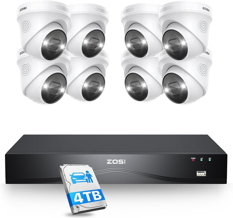 ZOSI 4K Outdoor Surveillance Camera Set, 8X 8MP PoE Outdoor Camera with Person Detection, 4TB HDD NV