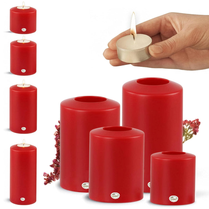 Sin!® 4er Set Teelichthalter & Dauerkerze Classic ROT ∅ 8cm H 9/12/15/18cm Seidenglanz - Die Kerze d