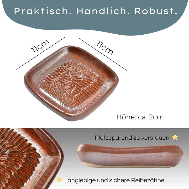 Ceramico Reibeteller & Backpinsel mit Naturborsten, Set aus Keramik für Knoblauch, Ingwer, Muskat, H