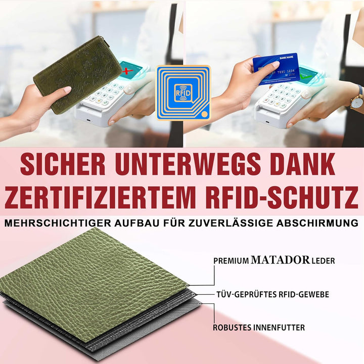 MATADOR Geldbörsen Damen Grün #Madrid mit Edle Geschenk Box, Eleganter Geldbeutel Leder mit RFID Wal