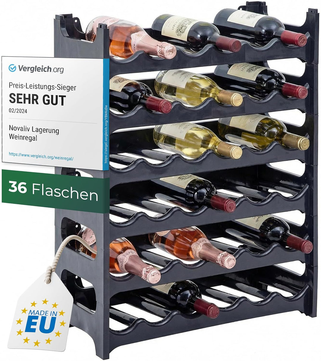 Novaliv Flaschenregal für 36 Flaschen | Weinregal grau | Regal aus stabilem Kunststoff, stapelbar (A