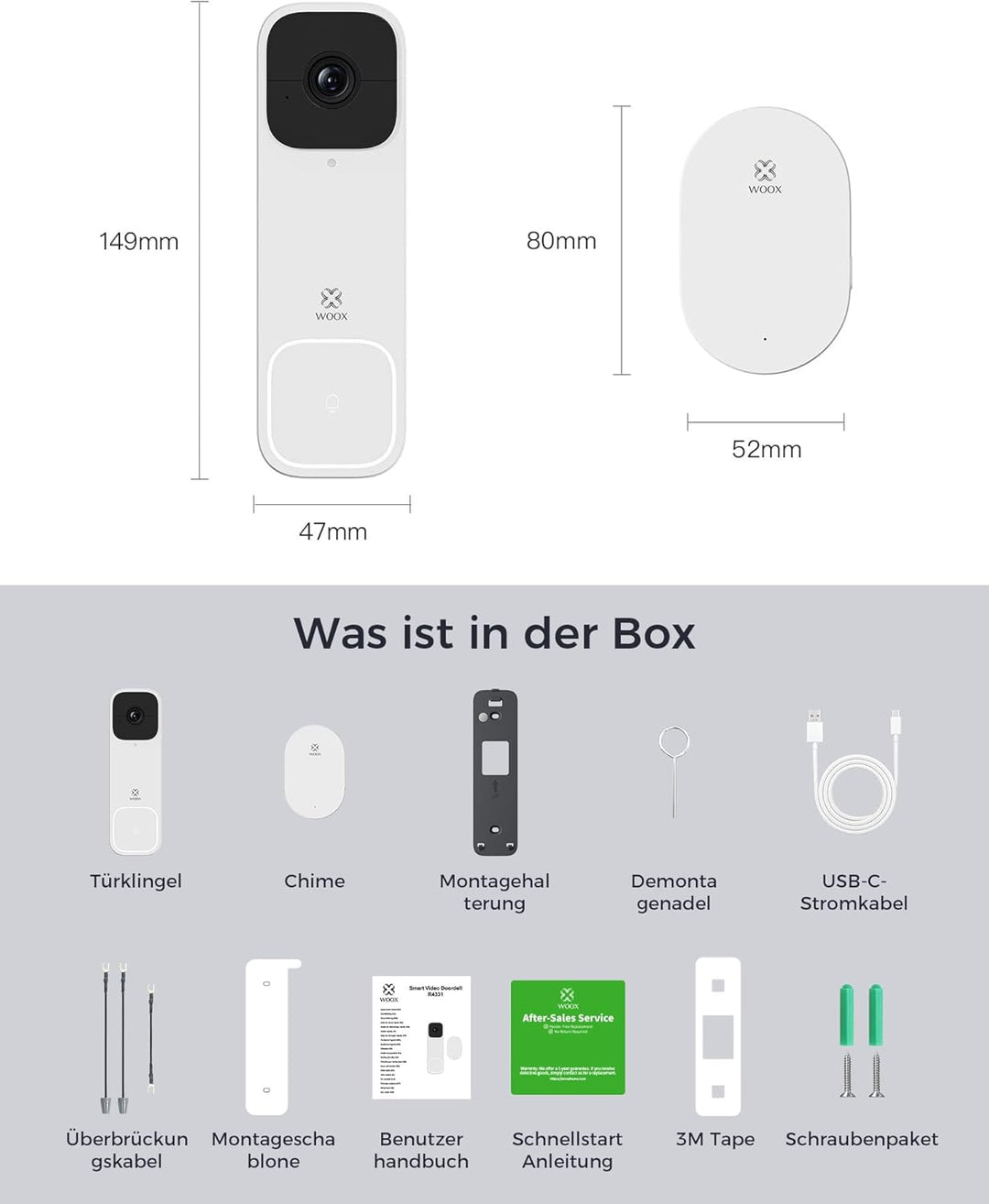 Woox Video Türklingel mit Chime, WLAN Smarte Türklingel mit Kamera Kabellos, Akku, 2K FHD, 170° Ultr