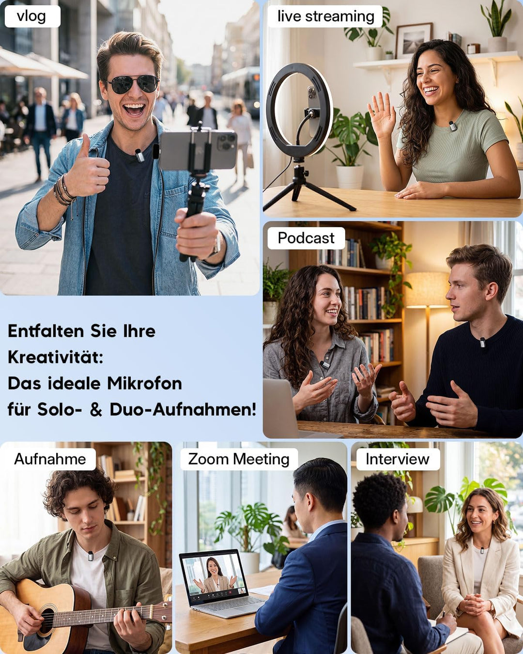 zealsound Mini Kabelloses Lavalier-Mikrofon für iPhone Handy Android, Wireless Ansteckmikrofon mit R