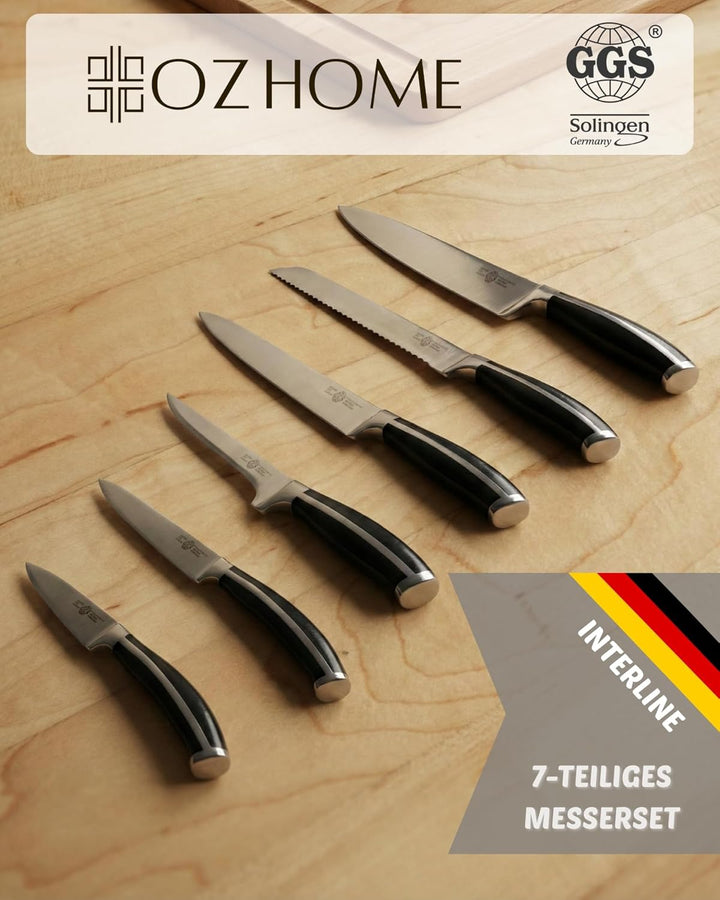 GGS Solingen Küchenmesser Set 7-teilig – Messerset mit Holz-Messerblock, Edelstahl Kochmesser Set ro