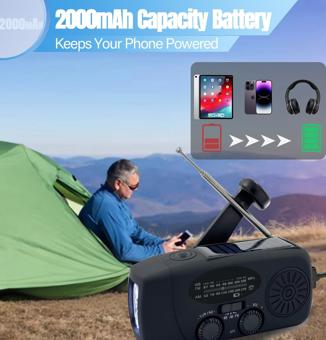 2000 mAh Notfall-Solar-Handkurbel-Radio, 3-Wege-betriebenes tragbares Wetterradio AM/FM/NOAA mit USB