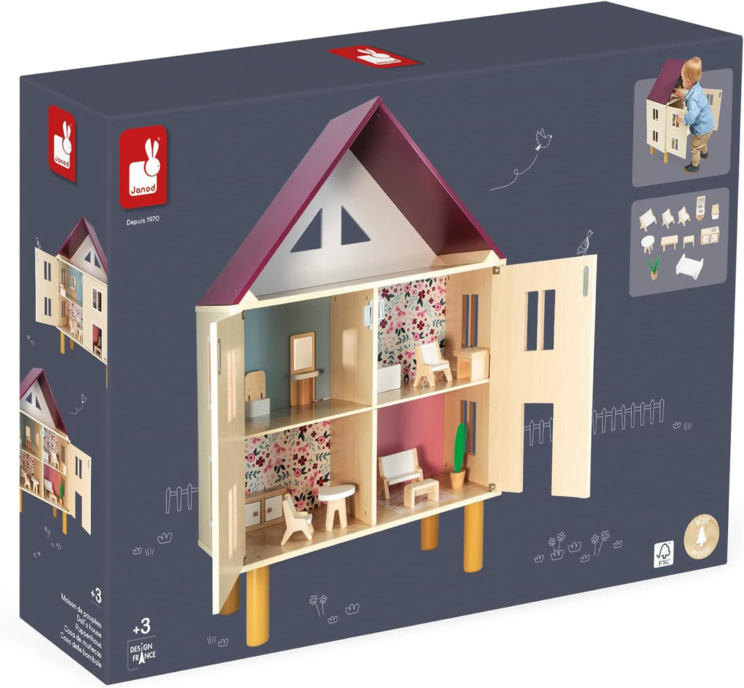 Janod Twist Puppenhaus aus Holz-11 Zubehörteile Puppenmöbel-Magnetische Türen-Spielzeug aus FSC Ab 3