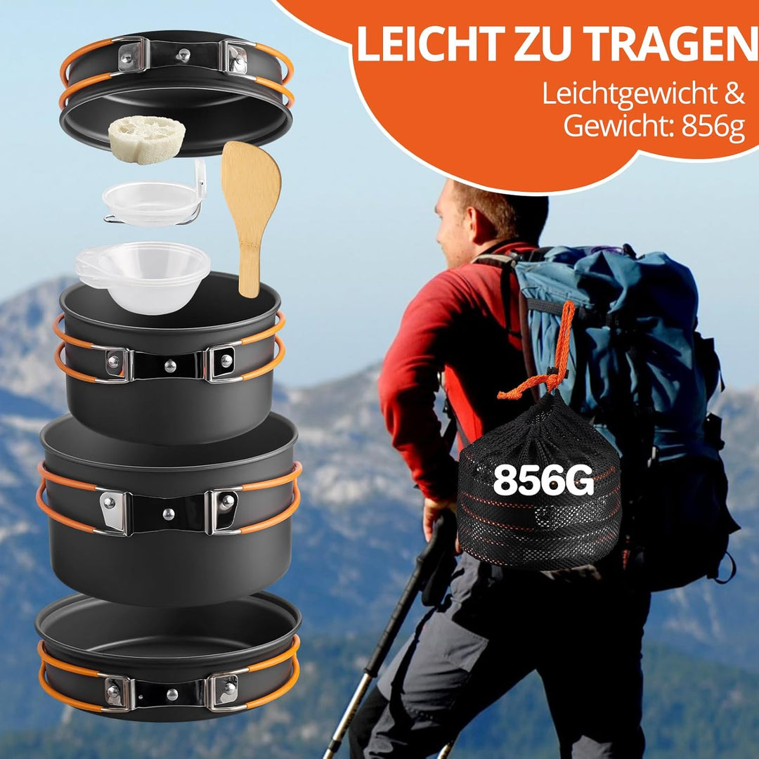 FUNYKICH Camping Kochgeschirr Set,11 Teilig Outdoor Geschirr Aluminium Campingkocher mit Topf Schale