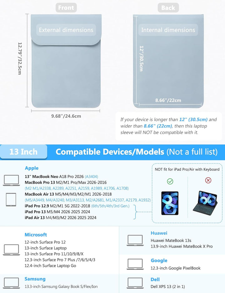 HYZUO 13 Zoll Laptophülle Tasche für MacBook Pro 13 M2 M1 2026-2016, MacBook Air 13 M5 A3449 M4 M3 M