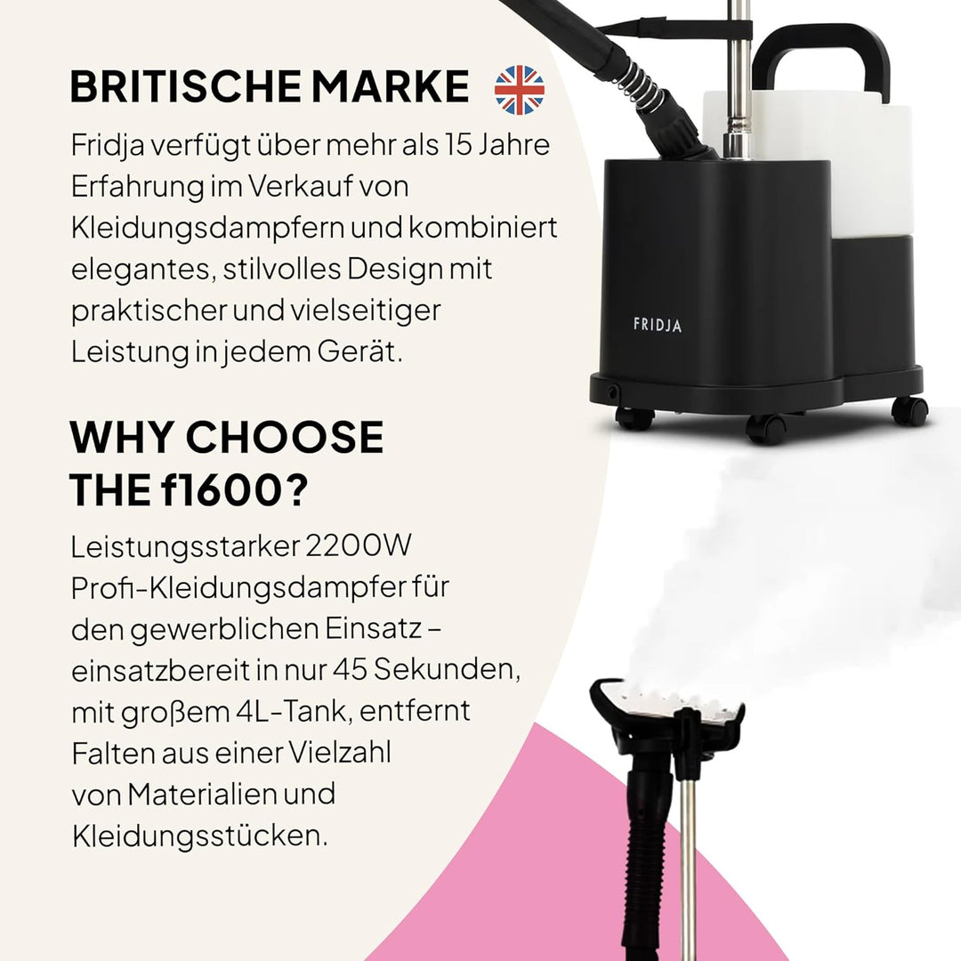 Fridja f1600 Professioneller Kleiderdampfer – Leistungsstarke 2200W Premium-Dampfmaschine – Zwei Dam