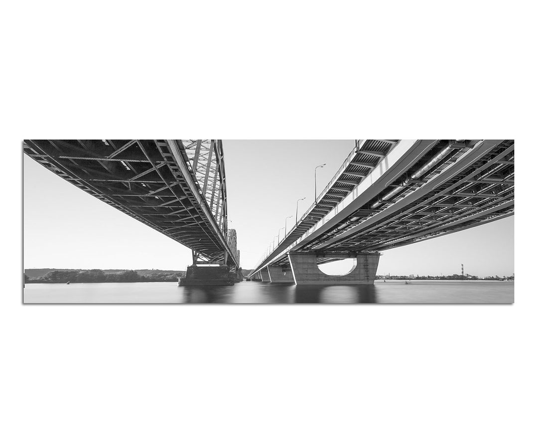 Paul Sinus Art Panoramabild auf Leinwand und Keilrahmen 150x50cm Kiew Brücke Wasser schwarz/weiss