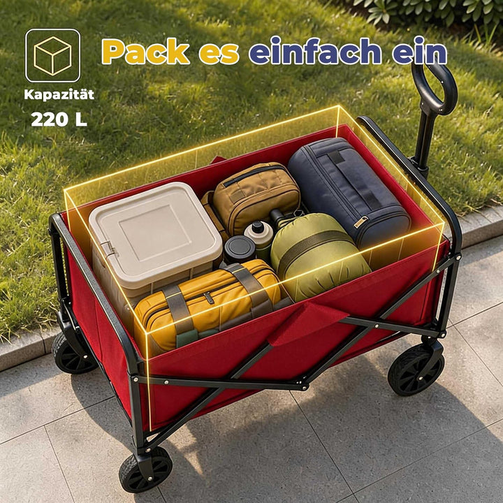 Garvee Bollerwagen Faltbar 220 L, Handwagen bis 172 kg, 600D Oxford + Stahlrahmen, 5-Zoll All-Terrai