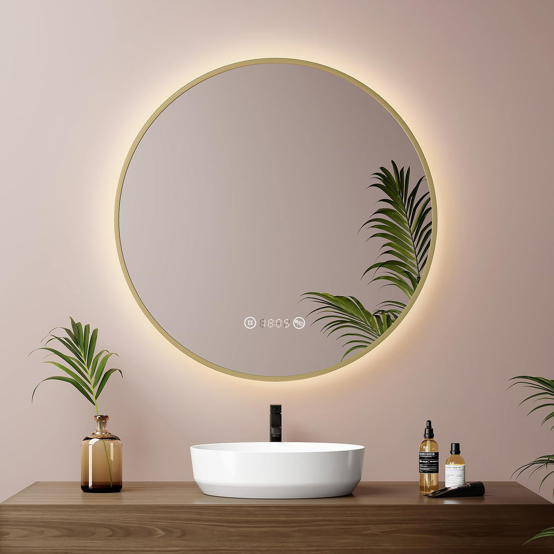 EMKE LED Badspiegel Rund Spiegel mit Beleuchtung ф60cm Gebürstetem Goldrahmen LED Badezimmerspiegel