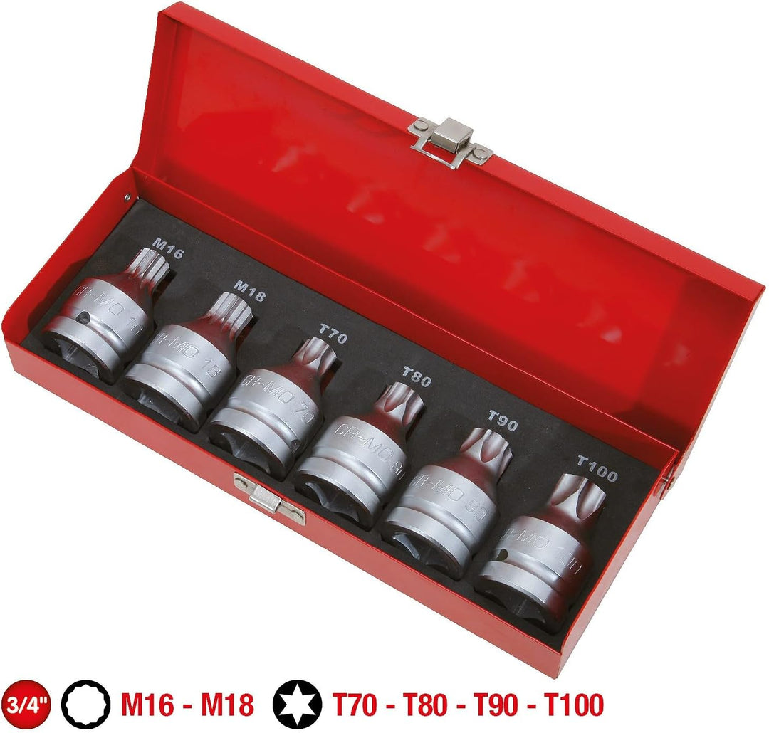 KS Tools 515.0010 3/4" Kraft-Bit-Stecknuss-Satz, 6-tlg., TX+Vielzahn, mit Bohrung