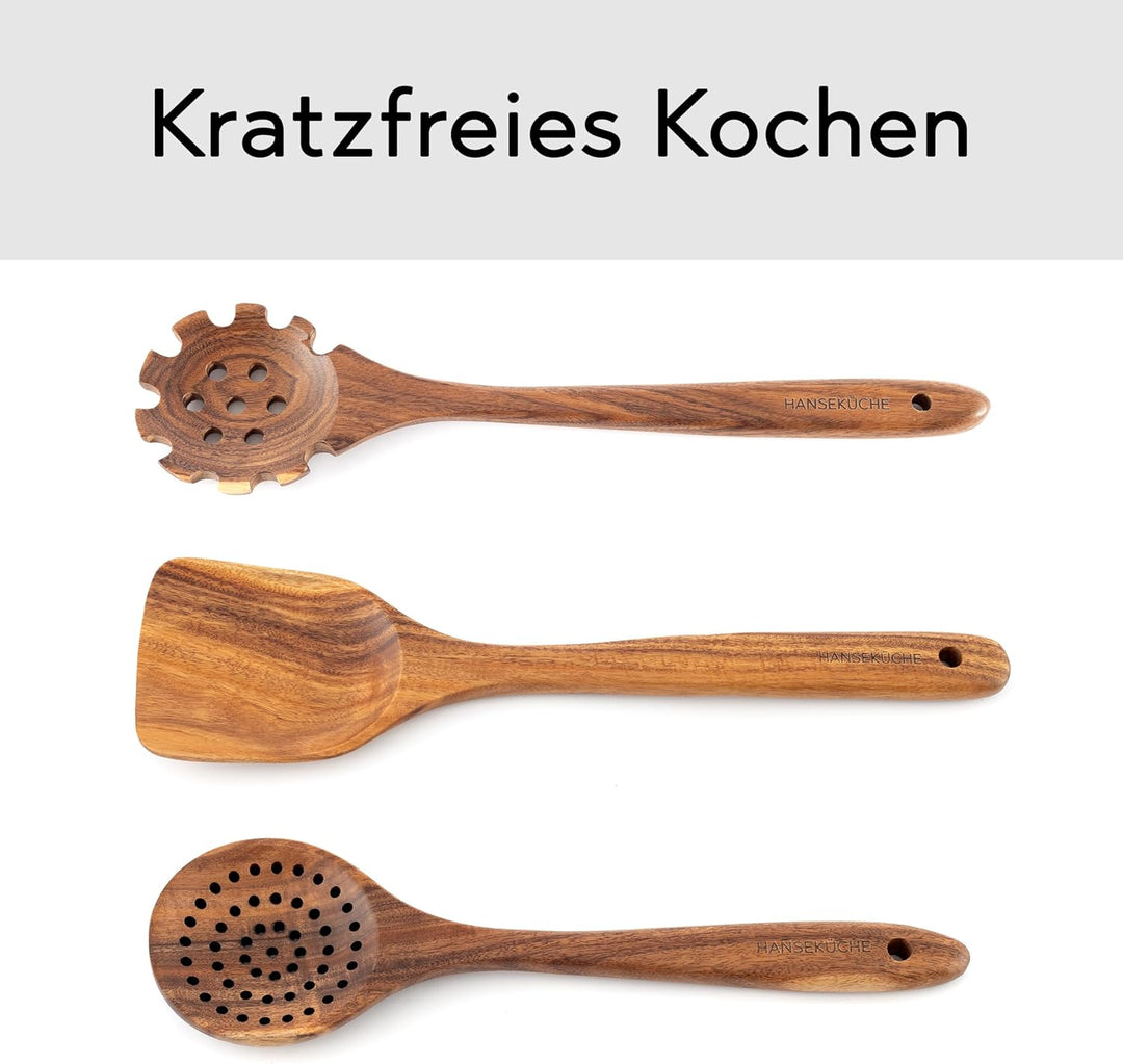 Küchenhelfer Set aus Holz - Grillzange, Schneebesen, Pfannenwender, Holzlöffel und Nudelschöpfer 9 t