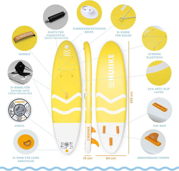 HUIIKE Stand Up Paddling Board mit Zubehör, Paddel, Finnen, Leash, Pumpe, Rucksack. SUP-Board Aufbla
