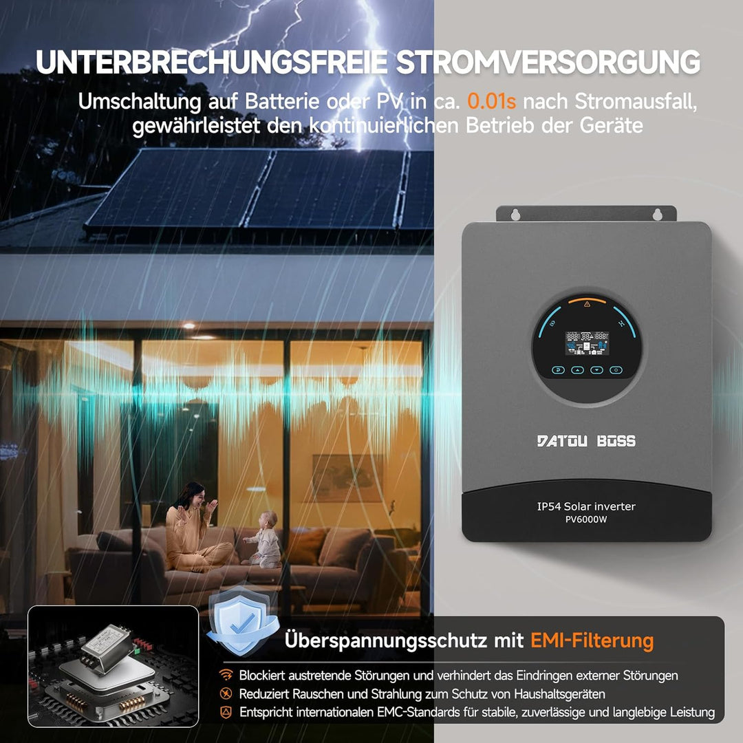 DATOUBOSS 6000W Hybrid Solar Wechselrichter 48V, Reiner Sinus, PV-Array bis 8000W, integrierter 120A