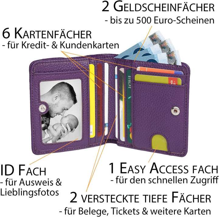 Geldbörse Damen klein viele Fächer, Reise Portemonnaie, Leder lila, RFID Blocker, Münzfach | Wiener