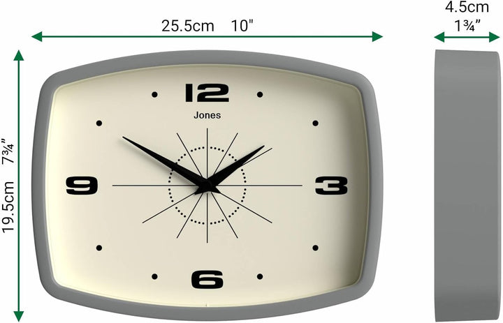 JONES CLOCKS® Movie Wanduhr | Retro rechteckige Uhr | 25cm | Grau | Cooler Designer-Look für Küche,