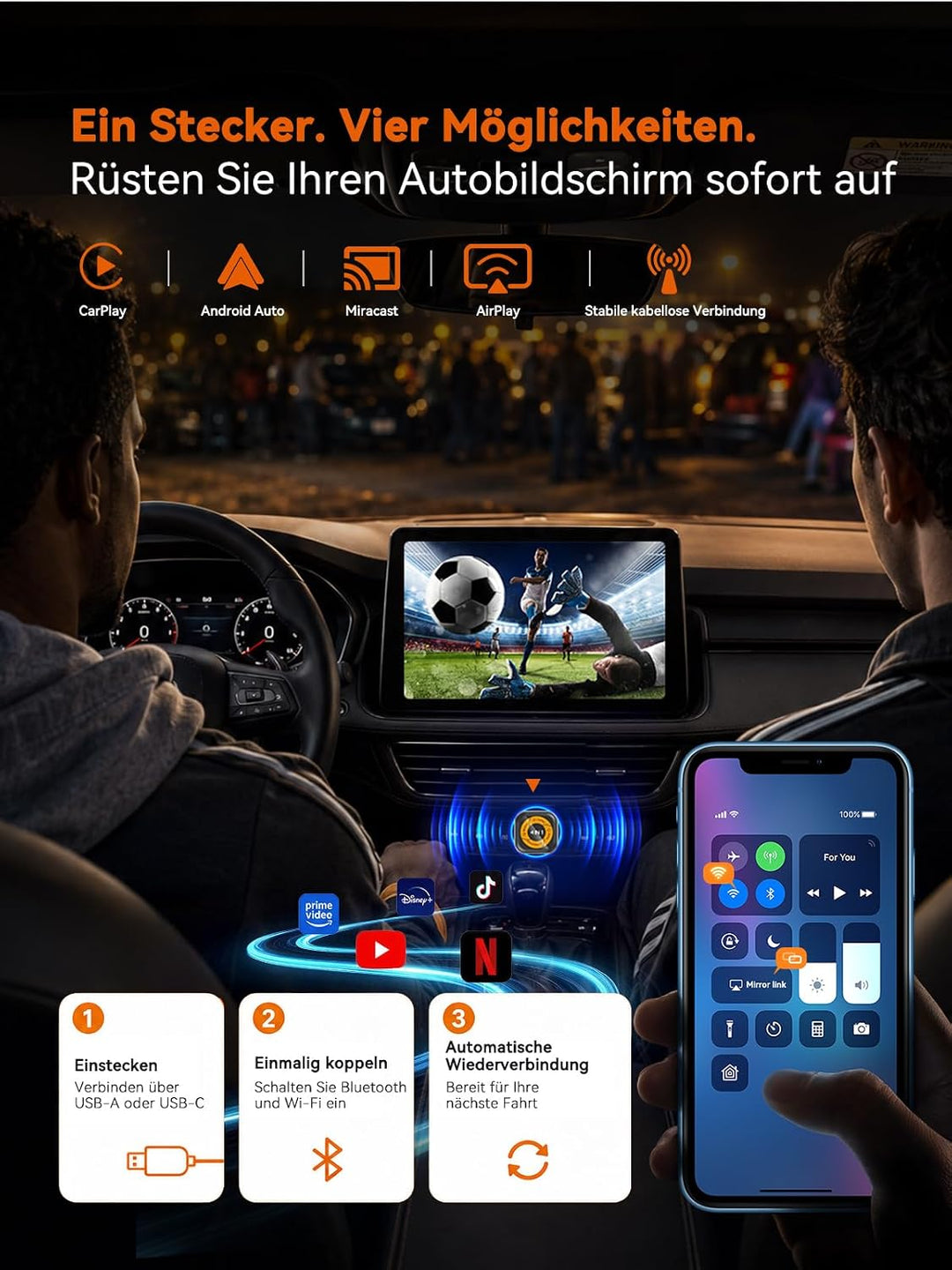 4-in-1 Wireless CarPlay Adapter für Apple CarPlay & Android Auto, AirPlay & MirrorLink Bildschirmspi