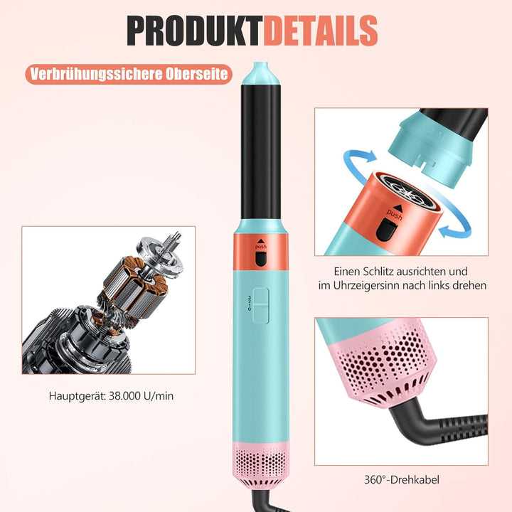 Ionen Föhn 5 in 1, 1000W Multifunktionaler Hairstyler, Lockenstab Automatisch, Professioneller Warml