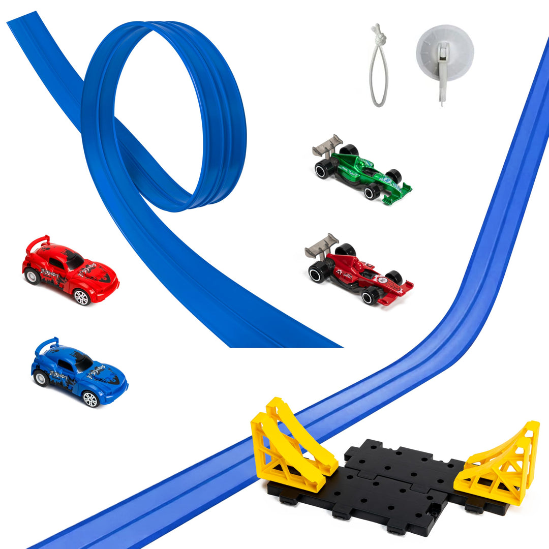 GROBRO7 Flexible Autorennbahn Kinder Spielzeugauto, 5M Dual Rennstrecke Rampen mit 4 Race Car, Rolls