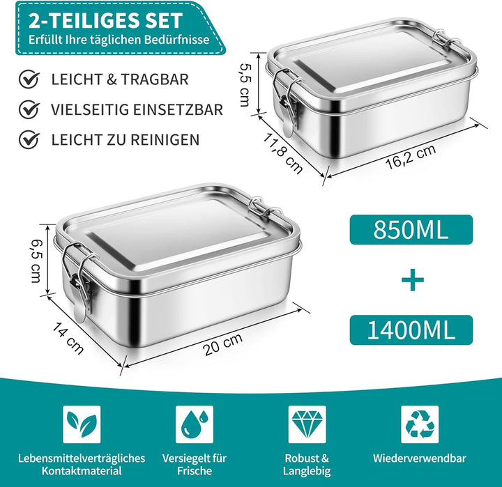 Joyfair Brotdose mit Fächern, 2 Stück Edelstahl Bento Box mit Abnehmbar Fächern für Erwachsene & Kin