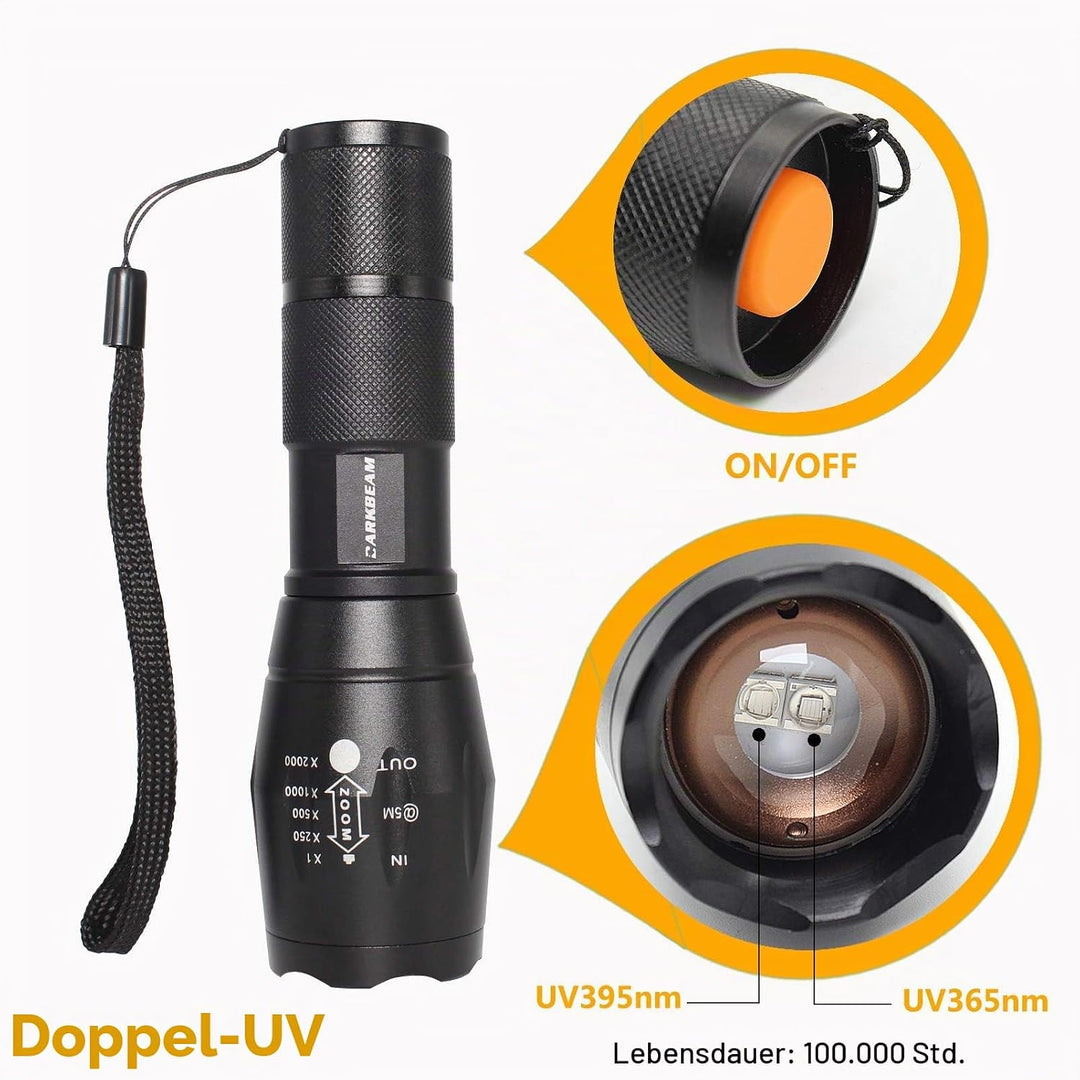 DARKBEAM Taschenlampe Doppeltes UV Licht 365nm &amp; 395nm Wiederaufladbare, Woodsche Lampe Schwarzlicht