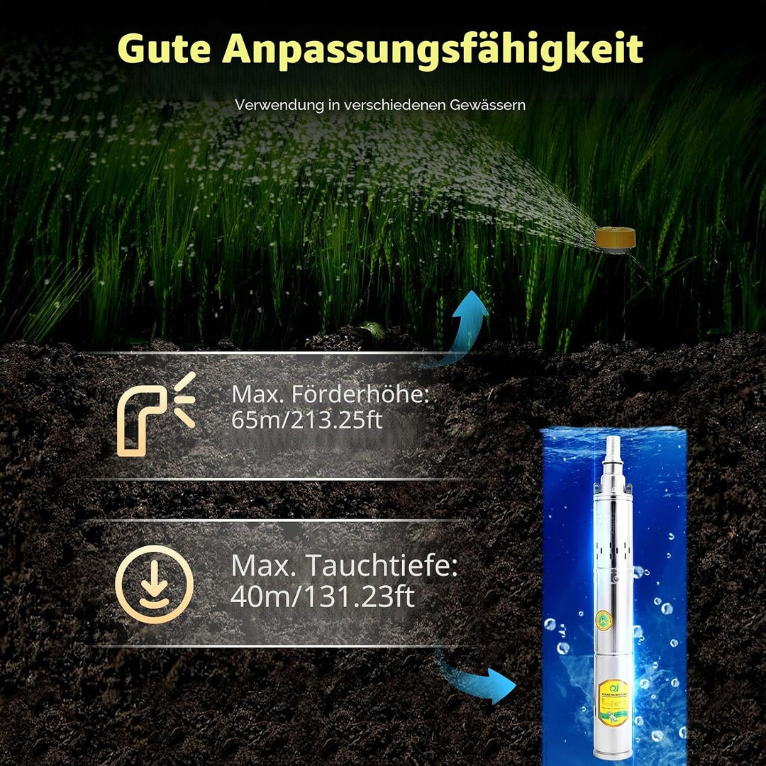 Tauchpumpe Tiefbrunnenpumpe DC 24V 370W 1" Solar Tauchpumpe bis 65m 1.8m³/h NEU